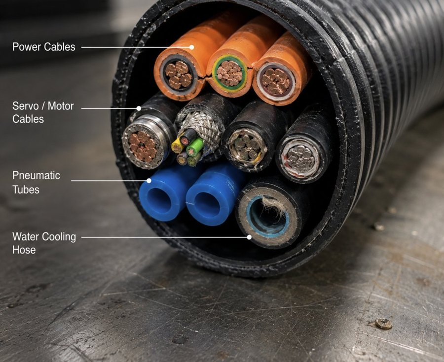 Cross section of a robot dresspack conduit showing power, servo, pneumatic and water lines