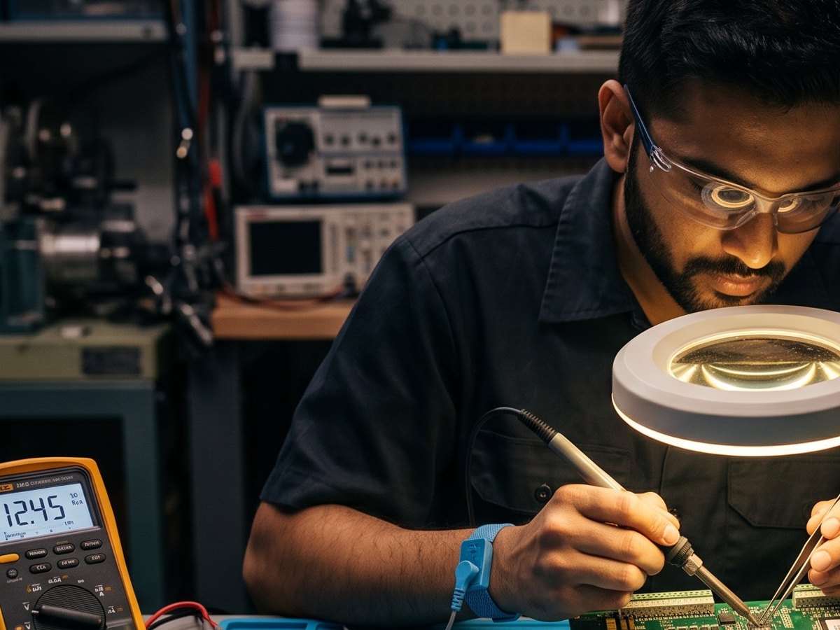 Technician inspecting a control board under an illuminated magnifier at the Passion Robotics repair bench