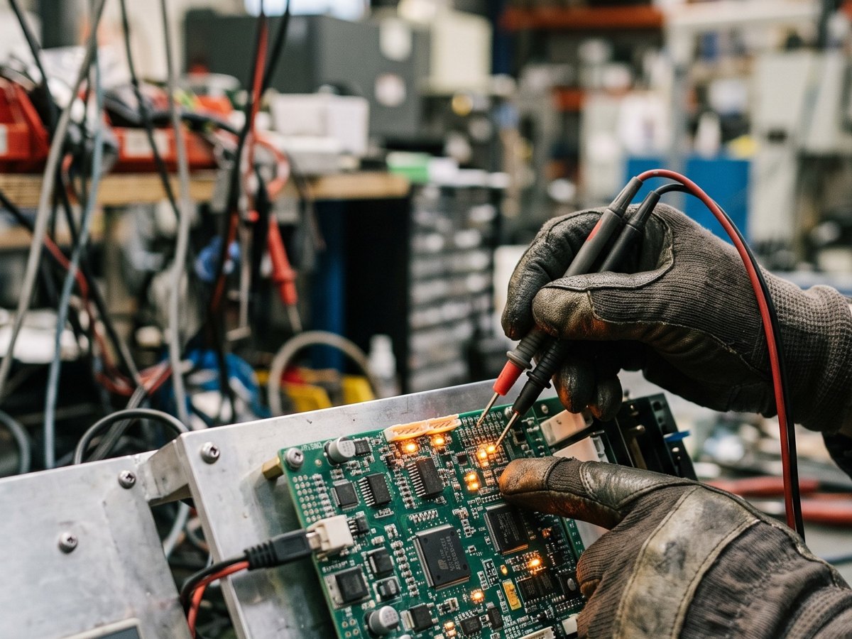 Control board under test, probed with a multimeter on the rig before dispatch